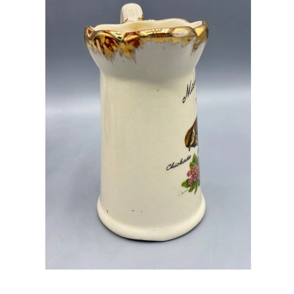 Vtg Massachusetts Souvenir Mini Pitcher Chickadee Mayflower Gold Rim Creamer 5in